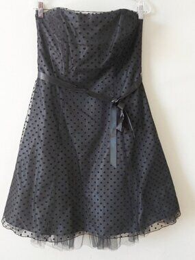 Marina Strapless Cocktail Polka Dot Overlay A-line Dress Size 14 Black Tulle Tie